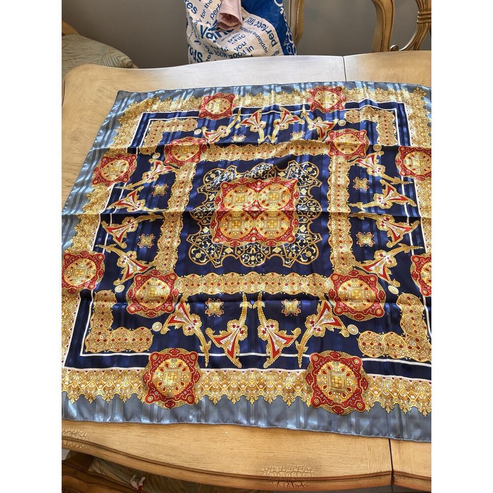 VTG Lucky 100% Silk Scarf Large Baroque Medallion Blue Gold Satin Stripe Border - Picture 12 of 16